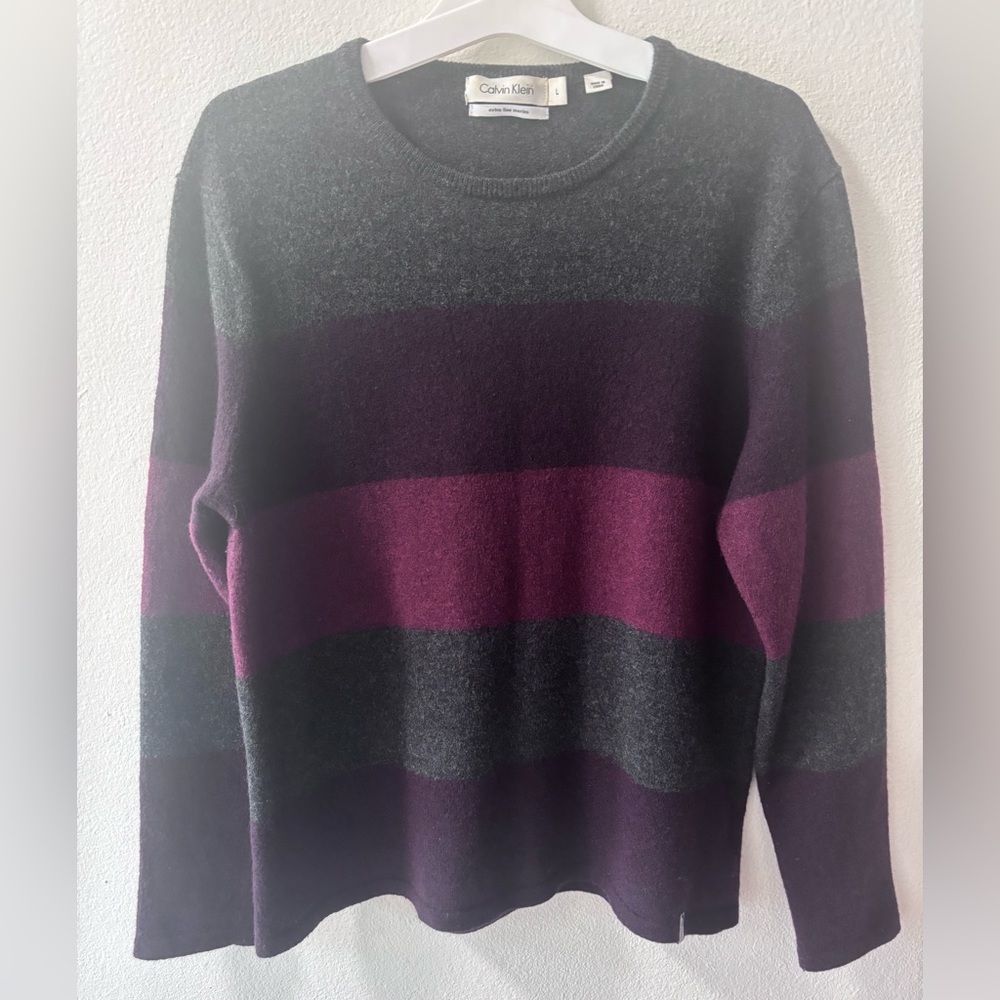 Calvin Klein Striped women’s Merino wool Knit Sweater in Plum and Charcoal